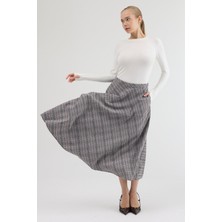 Moviment Gri-Kahve Aura Yüksek Bel A-Kesim Ekose Midi Etek