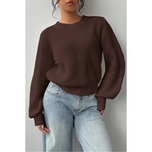 Tarz Cool Kadın Lacivert Oversize Bisiklet Yaka Balon Kol Fitilli Triko Kazak