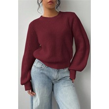 Tarz Cool Kadın Lacivert Oversize Bisiklet Yaka Balon Kol Fitilli Triko Kazak