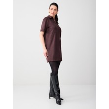 Jimmy Key Acı Kahve Rahat Kesim V Yaka Kısa Kollu Örme Süet Mini Elbise