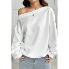 Tarz Cool Kadın Siyah Kayık Yaka 3 Iplik Şardonlu Oversize Sweatshirt