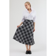 Moviment Siyah-Gri Aura Yüksek Bel A-Kesim Ekose Midi Etek