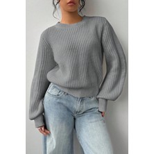 Tarz Cool Kadın Lacivert Oversize Bisiklet Yaka Balon Kol Fitilli Triko Kazak