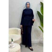 Tesettür Diyarı Meva Model Krep Bağlamalı Pantolon Tesettür Takım- Lacivert