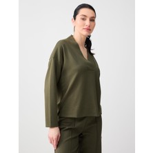 Jimmy Key Haki Rahat Kesim V Yaka Modal Örme Sweatshirt