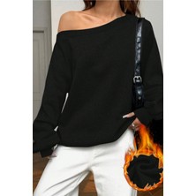 Tarz Cool Kadın Siyah Kayık Yaka 3 Iplik Şardonlu Oversize Sweatshirt