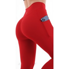 Emfure Kırmızı Kadın Spor Tayt Çift Cepli Sıkılaştırıcı Toparlayıcı Yüksek Bel Sporcu Taytı Leggings Fitness