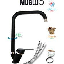Musluq Siyah Krom Köşe Borulu Mutfak Eviye Bataryası Musluğu Pirinç Gövde