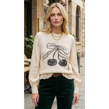 Qoolest Kadın Antrasit Yünlü Kolsuz Triko Süveter Kiraz Baskılı Korean Tarz Dantel Detaylı