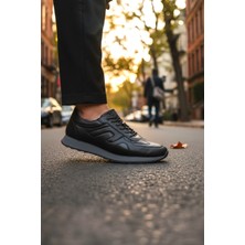 Enoch Hakiki Deri Siyah Detaylı Erkek Sneaker Ortopedik Taban