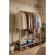 Metaliz Oval Telli Beyaz Butik Stil Askılık Konfeksiyon Askısı Ayaklı Askılık Elbise Askılığı Portmanto