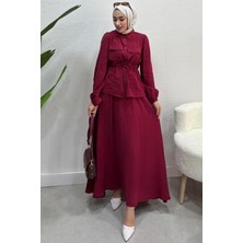 Tesettür Diyarı Kadın Beli Bağlamalı Tesettür Etek Takım Bordo