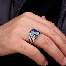 Argento Silver Mavi Zirkon Taşlı 925 Ayar Gümüş Erkek Yüzük Faset Kesimli