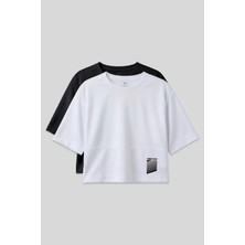 TOMMY LIFE Oversize Fit O Yaka 2li Paket Siyah-Beyaz Kadın T-Shirt - 97284
