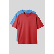 Air Jones Basic Oversize O Yaka 2li Paket Fiesta-Petrol Mavi Erkek T-Shirt - 88377