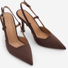 Marjin Kadın Stiletto Sivri Burun Ince Ökçe Atkılı Abiye Topuklu Ayakkabı Reney Kahve Süet