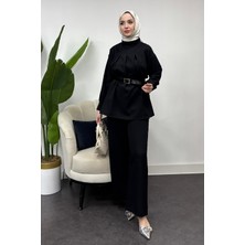 Tesettür Diyarı Kadın Dabıl Krep Kumaş Kemerli Takım -Siyah