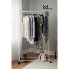 Metaliz Beyaz Pratik Tekerlekli Konfeksiyon Askısı - Kıyafet Standı ve Organizer