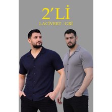 Indispensablely Erkek Waffle Dokuma Açik Yakali Düğmeli̇ Regular Kalip 2’li̇ Gömlek Seti̇ - Laci̇vert & Gri̇
