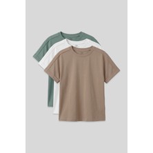 TOMMY LIFE Oversize Fit O Yaka Basic 3lü Paket Beyaz-Koyu Bej-Açık Yeşil Kız Çocuk T-Shirt - 75182