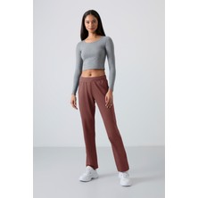 Tommy Life Kahverengi Yüksek Bel Cepli Rahat Form Klasik Paça Kadın Eşofman Alt - 94584