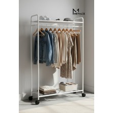 Tekerlekli Elbise Askılığı Raflı ve Taşınabilir Kıyafet Düzenleyici Stant Tekerli Beyaz
