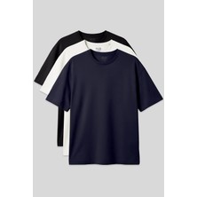 Air Jones Basic Oversize O Yaka 3lü Paket Siyah-Lacivert-Ekru Erkek T-Shirt - 88377