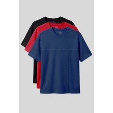 Air Jones Oversize Fit Basic 3lü Paket Siyah-Kırmızı-Parlament Erkek T-Shirt - 88380