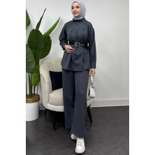 Tesettür Diyarı Kadın Dabıl Krep Kumaş Kemerli Takım -Antrasit