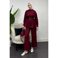 Tesettür Diyarı Kadın Dabıl Krep Kumaş Kemerli Takım -Bordo