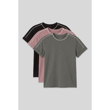 TOMMY LIFE Standart Fit O Yaka 3lü Paket Siyah-Haki-Gül Kurusu Kız Çocuk T-Shirt - 75177