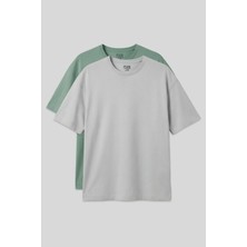 Air Jones Oversize Fit Basic 2li Paket Taş-Açık Yeşil Erkek T-Shirt - 88353
