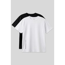 Baskılı Rahat Form 2li Paket Siyah-Beyaz Büyük Beden Erkek T-Shirt - 88472