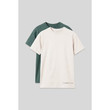 Tommy Life Basic Oversize O Yaka 2li Paket Ekru-Açık Yeşil Erkek Çocuk T-Shirt - 11297
