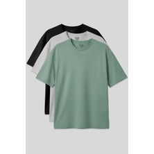 Air Jones Basic Oversize O Yaka 3lü Paket Siyah-Taş-Açık Yeşil Erkek T-Shirt - 88377