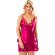 Zemira Fuşya Saten Babydoll Şortlu Takım