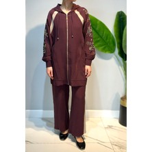 Lale Butik Taş Işlemeli Fermuarlı Ceket Bolpaça Pantolon Takım 1463 Mürdüm