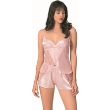 Letsii Saten Babydoll Şortlu Pijama Takımı Somon Renk