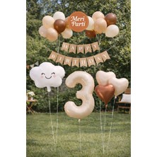 Meri Parti Retro Balon Konsept Doğun Günü Bulut Folyo Balon 1 Yaş Folyo Balon Bej-Kahve 1 Yaş Balon