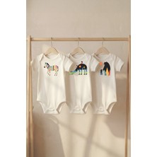 Pamuk Saray Organik %100 Pamuk Sevimli Hayvan Dostlar Baskılı Kısa Kollu Bebek Body Çıtçıtlı Badi Zıbın Tulum