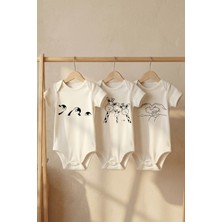 Pamuk Saray Organik %100 Pamuk Hayvan Figür Baskılı Kısa Kollu Bebek Body Çıtçıtlı Badi Zıbın Tulum