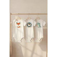 Pamuk Saray Organik %100 Pamuk Hayvan Figür Baskılı Kısa Kollu Bebek Body Çıtçıtlı Badi Zıbın Tulum
