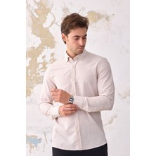 Ravanelli Ravanellı Giza Erkek Keten Görünümlü Pamuklu Slim Fit Dar Kesim Düğmeli Yaka Çizgili Gömlek