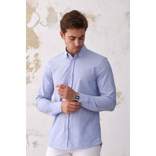 Ravanelli Ravanellı Giza Erkek Keten Görünümlü Pamuklu Slim Fit Dar Kesim Düğmeli Yaka Çizgili Gömlek