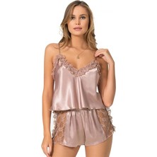 Letsii Saten Babydoll Şortlu Pijama Takımı Vizon Renk