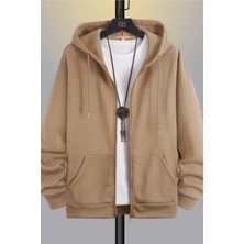 Tarz Cool Unisex Relax Fit Rahat Kesim Pamuklu Içi Polarlı Çift Cepli Fermuarlı Vizon Kapüşonlu Sweatshirt