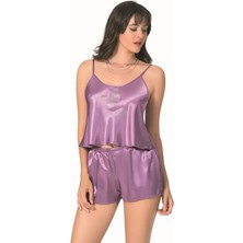 Letsii Saten Babydoll Şortlu Pijama Takımı Lila Renk