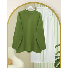 Moda Morfo Yuvarlak Yaka Salaş Triko Kazak -F.Yeşili