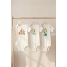 Pamuk Saray Organik %100 Pamuk Hayvan Figür Baskılı Kısa Kollu Bebek Body Çıtçıtlı Badi Zıbın Tulum