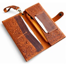 MAT DERİ Turuncu Kadın Cüzdan Hakiki Deri Telefon Bölmeli El Yapımı Bilek Askılı Uzun Cüzdan Şal Desen